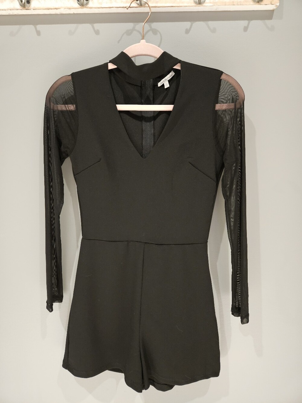 Charlotte Russe Black Mesh-Sleeve V-Neck Romper